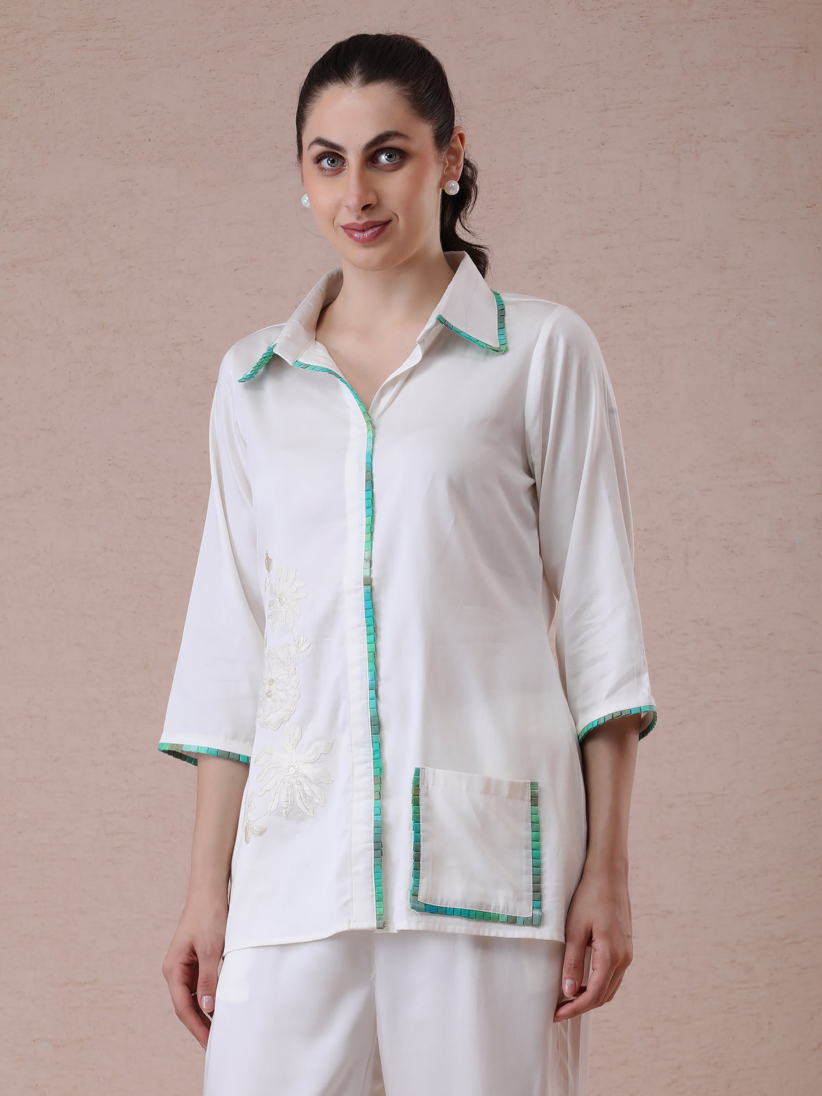 Modal Satin Off-White Coord Set with Green Box Pleating & Appliqué Embroidery — product photo
