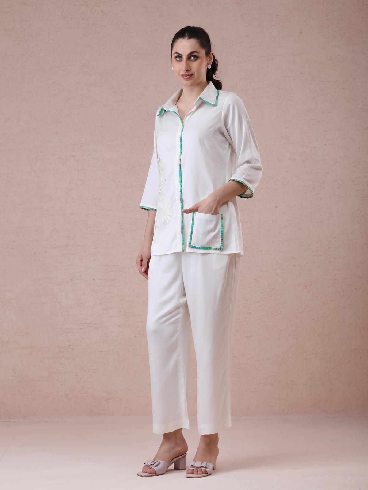 Modal Satin Off-White Coord Set with Green Box Pleating & Appliqué Embroidery — product photo