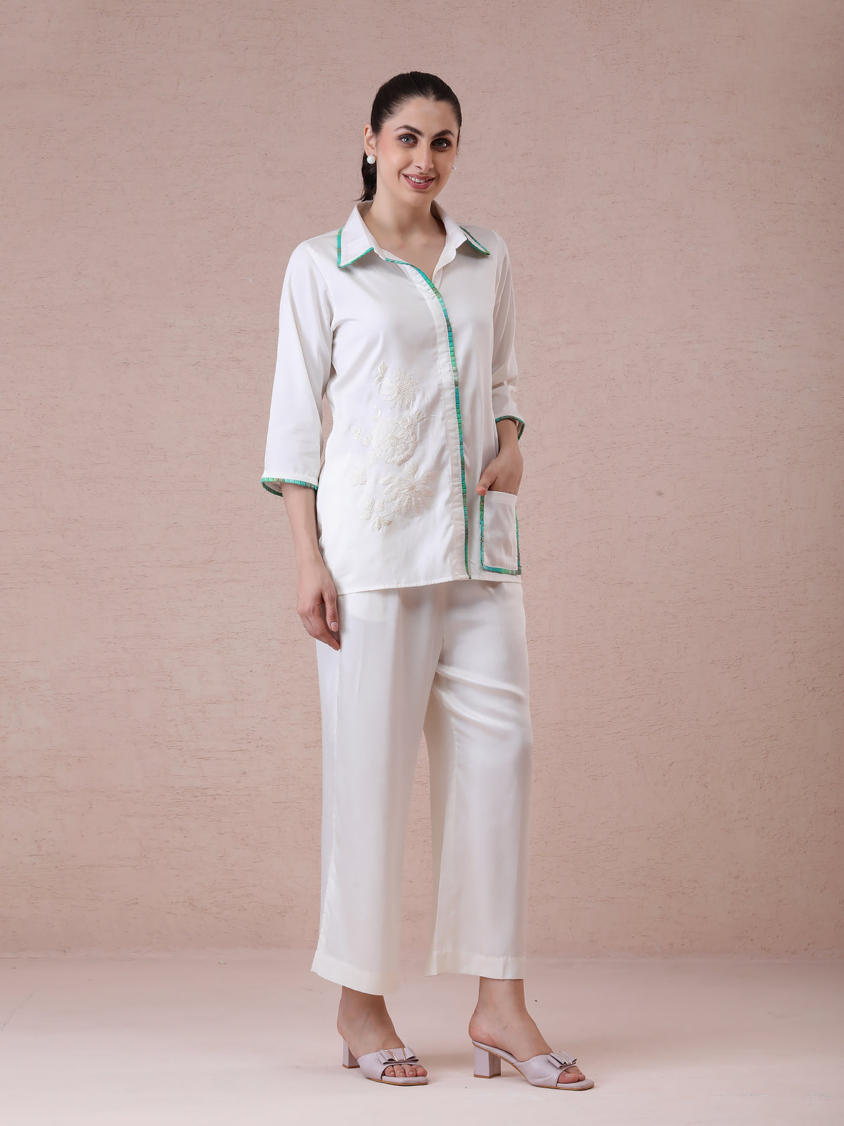 Modal Satin Off-White Coord Set with Green Box Pleating & Appliqué Embroidery — product photo