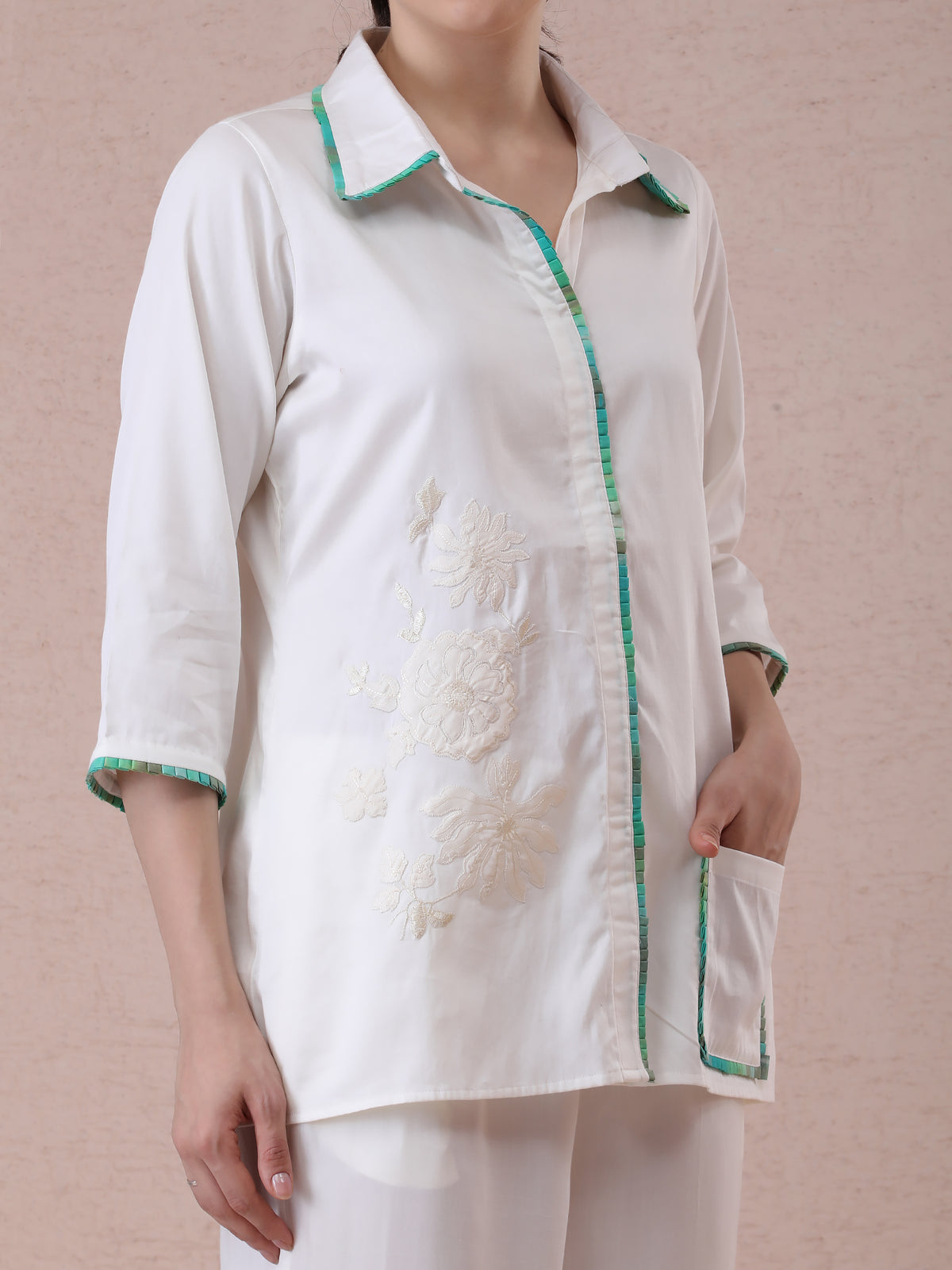Modal Satin Off-White Coord Set with Green Box Pleating & Appliqué Embroidery — product photo