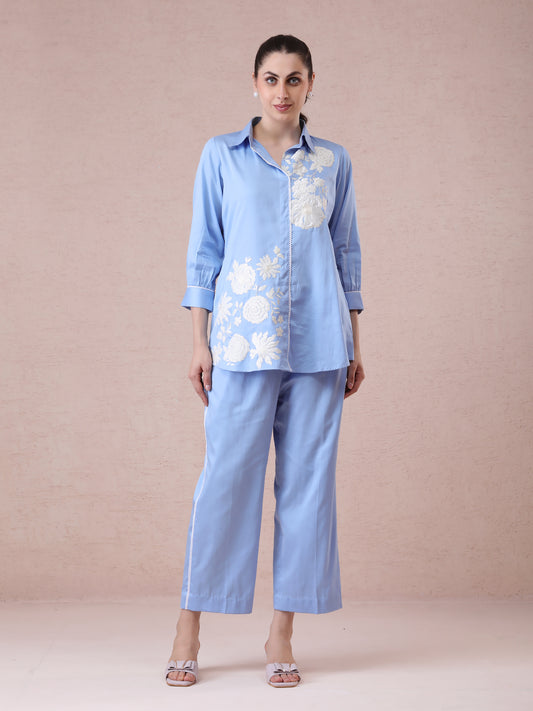 Powder Blue Modal Satin Coord Set with Off-White 3D Appliqué Embroidery