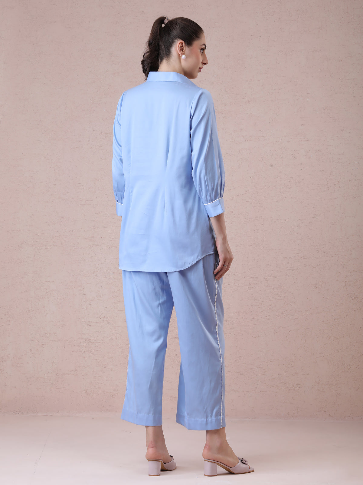 Powder Blue Modal Satin Coord Set with Off-White 3D Appliqué Embroidery — product photo