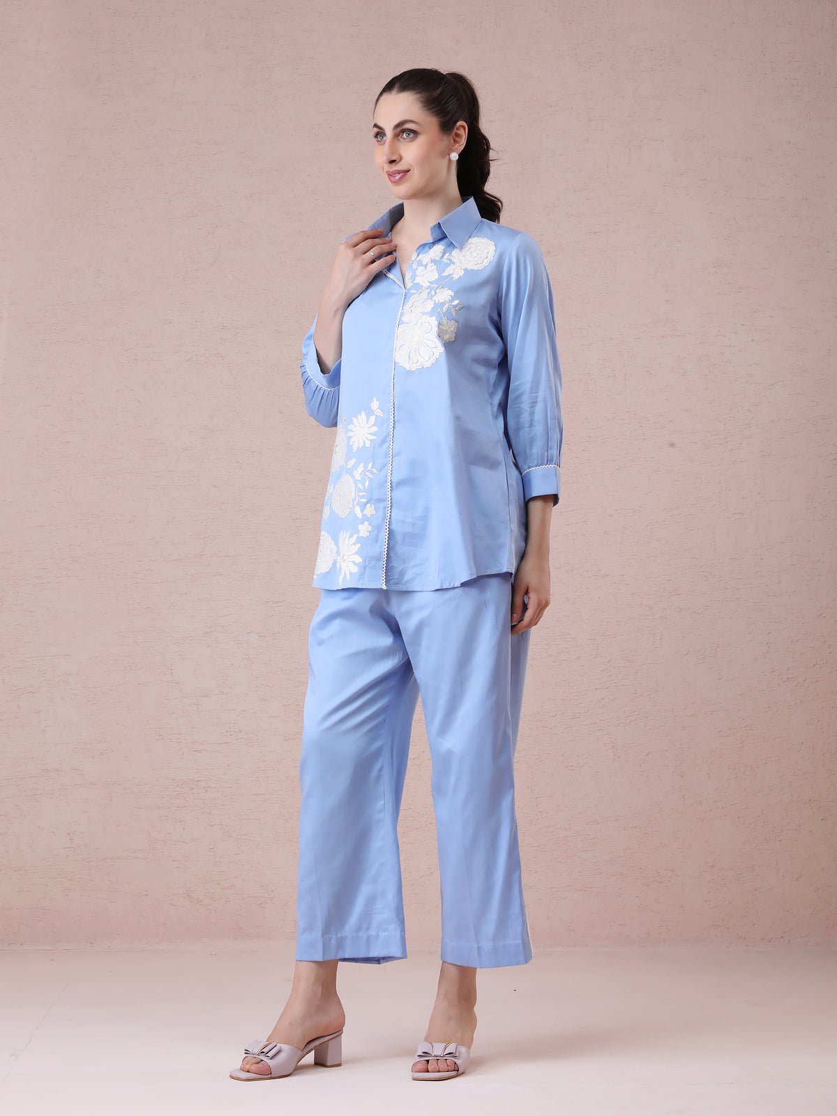 Powder Blue Modal Satin Coord Set with Off-White 3D Appliqué Embroidery — product photo