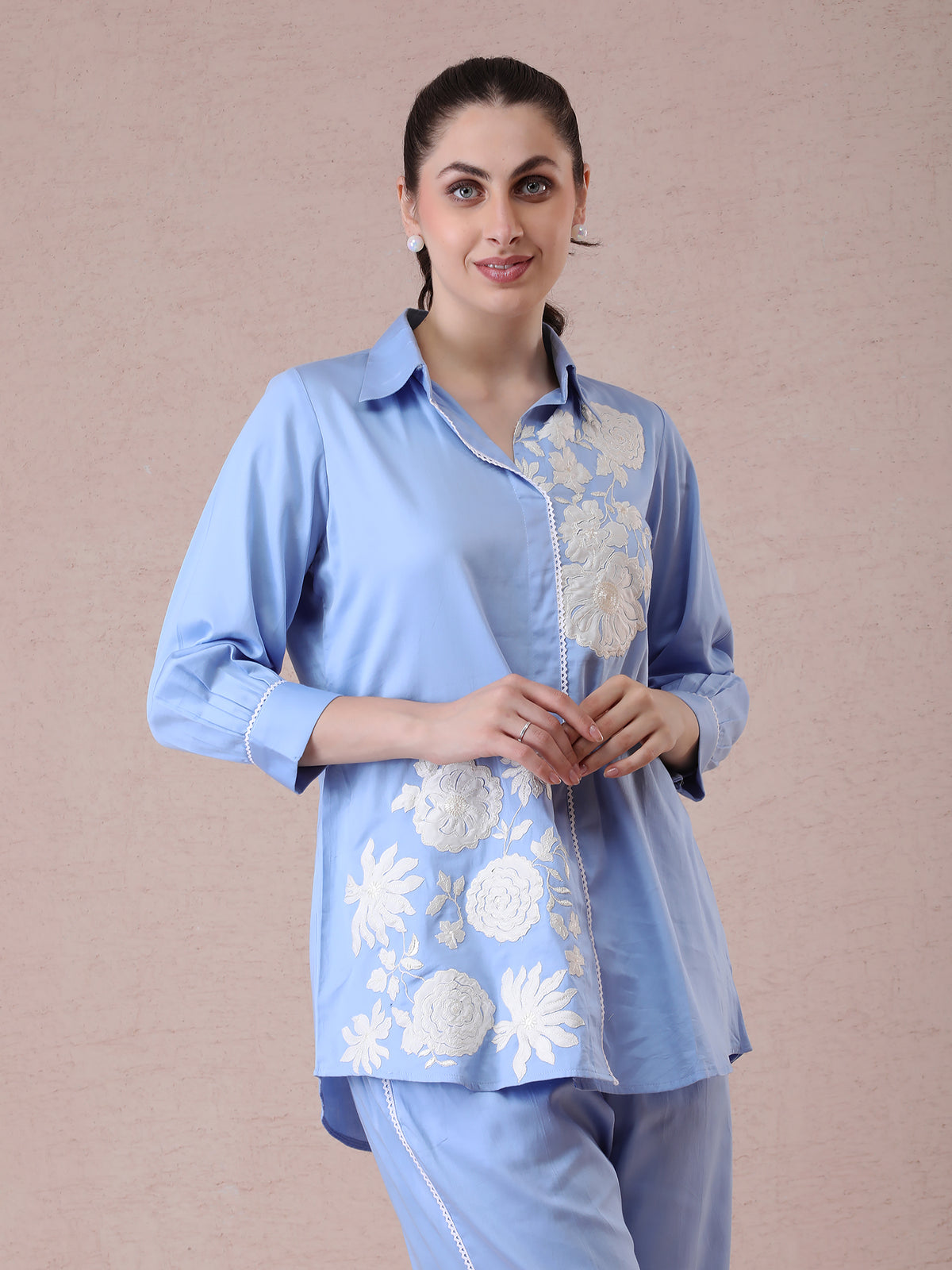 Powder Blue Modal Satin Coord Set with Off-White 3D Appliqué Embroidery — product photo