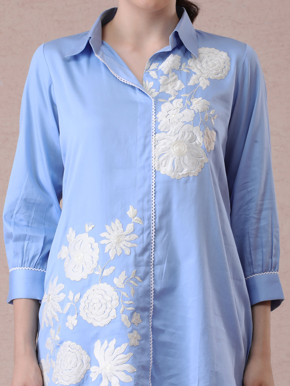 Powder Blue Modal Satin Coord Set with Off-White 3D Appliqué Embroidery — product photo