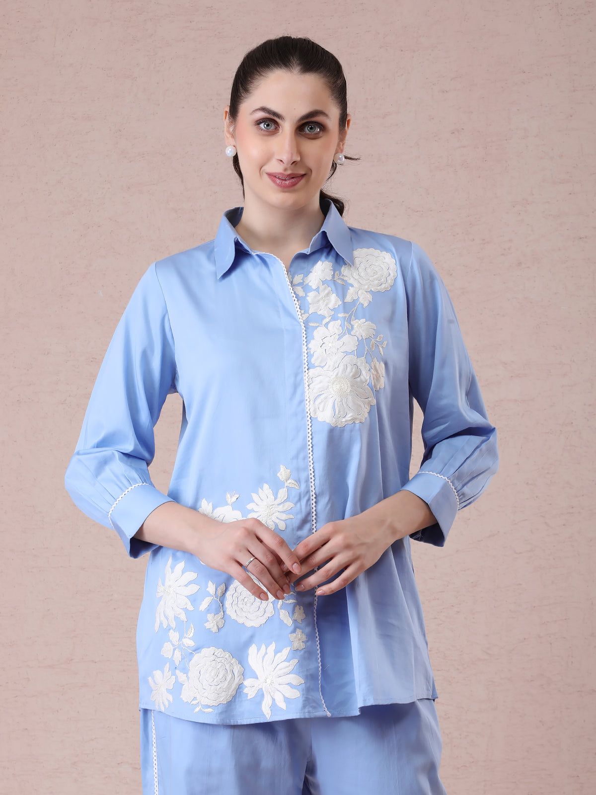 Powder Blue Modal Satin Coord Set with Off-White 3D Appliqué Embroidery — product photo