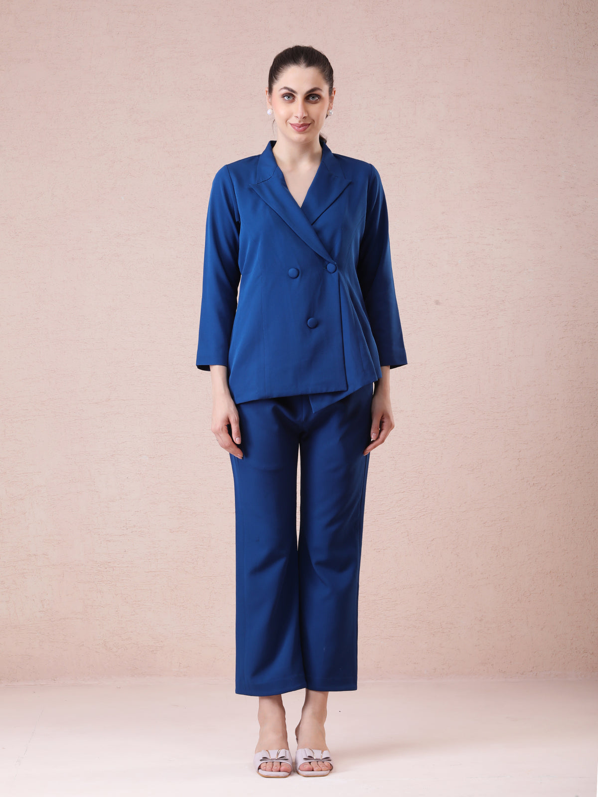 Peacock Blue Banana Crepe Blazer Coord Set with Asymmetrical Cut