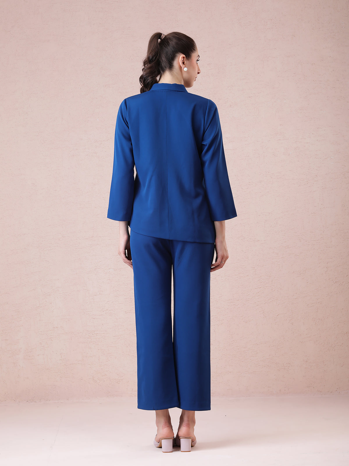 Peacock Blue Banana Crepe Blazer Coord Set with Asymmetrical Cut — product photo