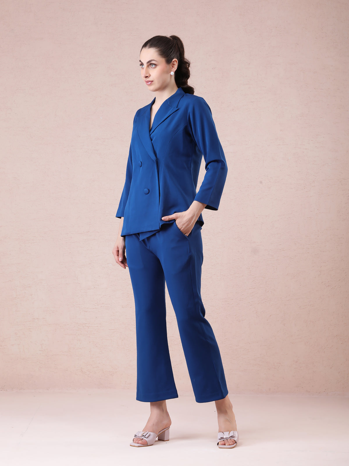 Peacock Blue Banana Crepe Blazer Coord Set with Asymmetrical Cut — product photo