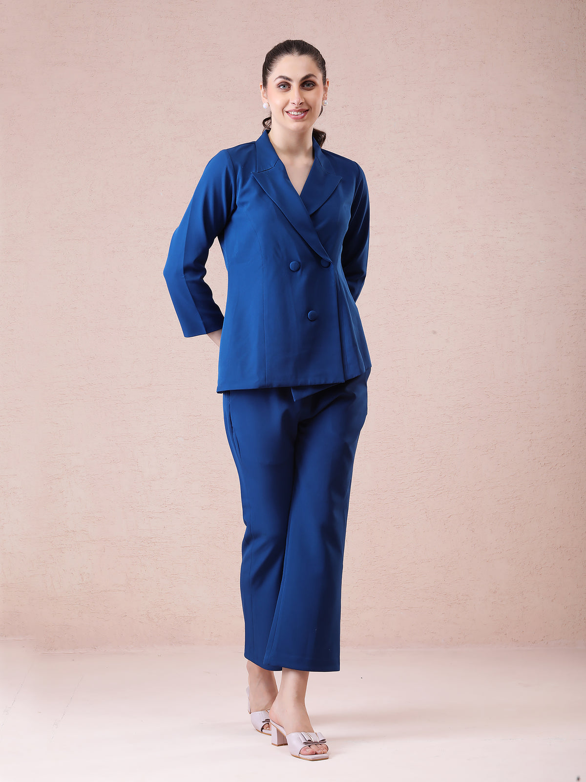 Peacock Blue Banana Crepe Blazer Coord Set with Asymmetrical Cut — product photo