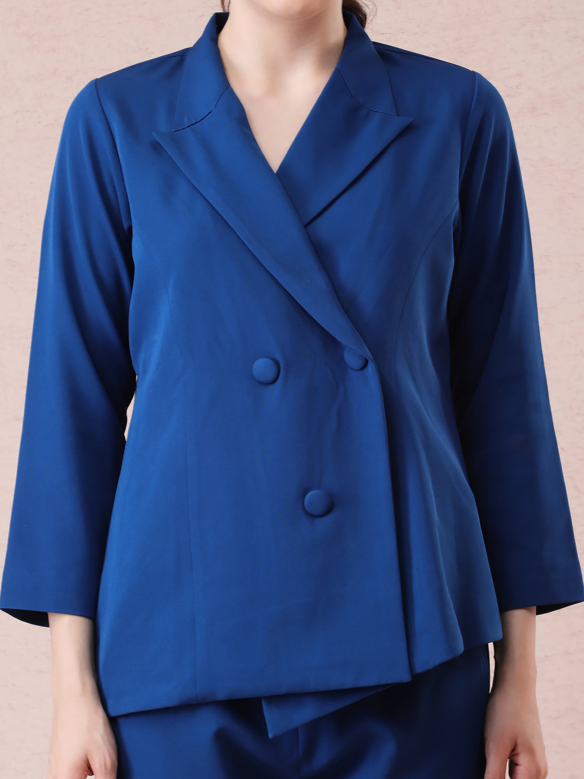 Peacock Blue Banana Crepe Blazer Coord Set with Asymmetrical Cut — product photo