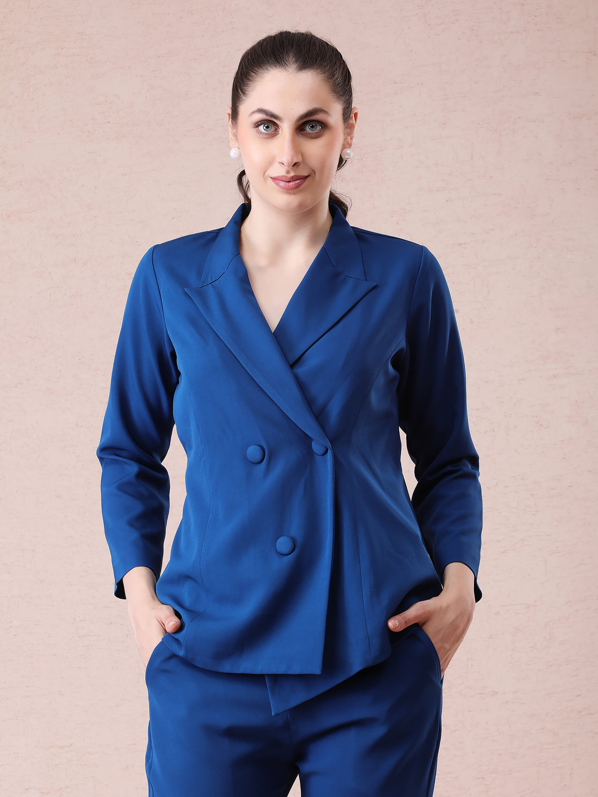 Peacock Blue Banana Crepe Blazer Coord Set with Asymmetrical Cut — product photo