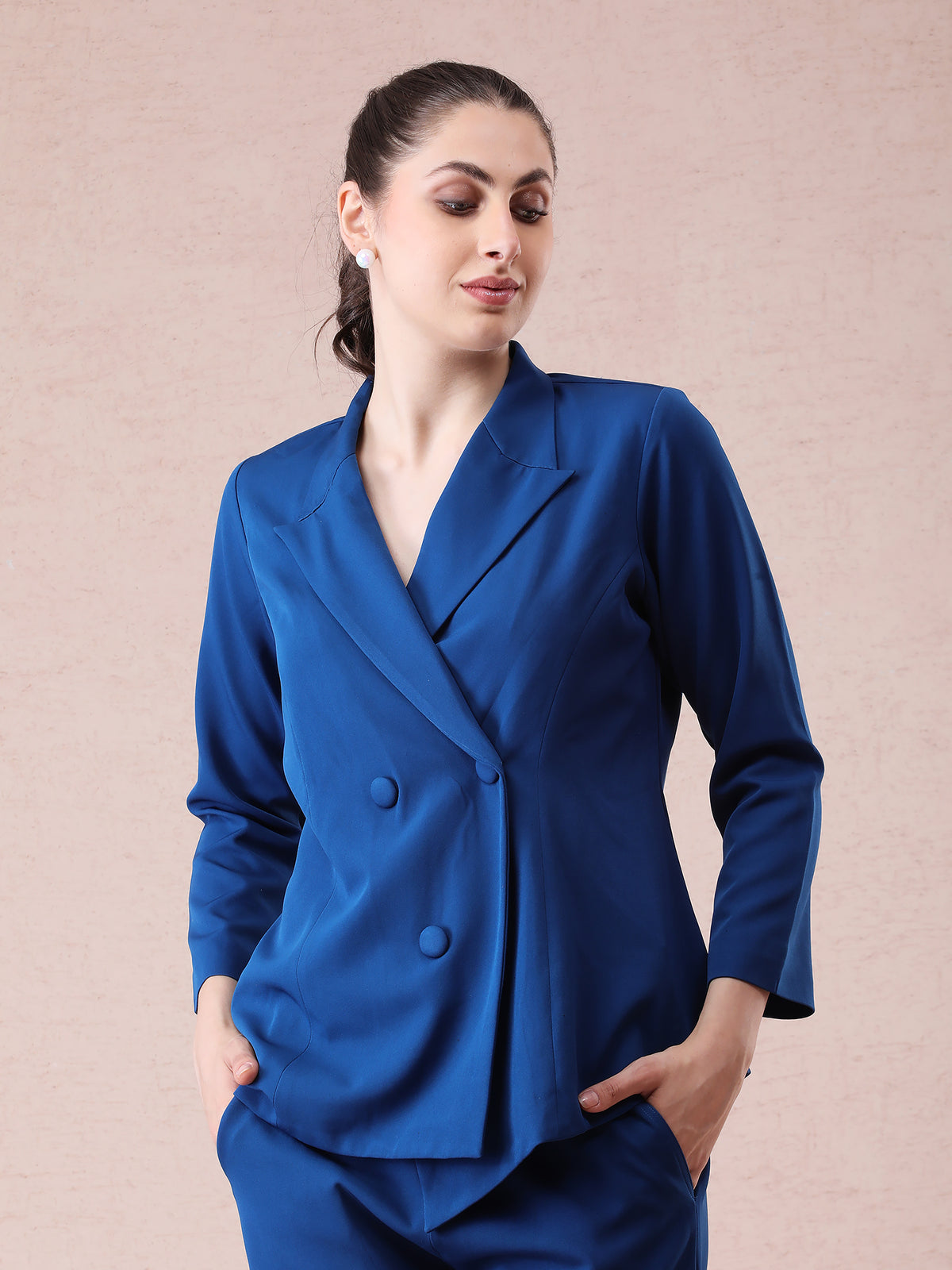Peacock Blue Banana Crepe Blazer Coord Set with Asymmetrical Cut — product photo