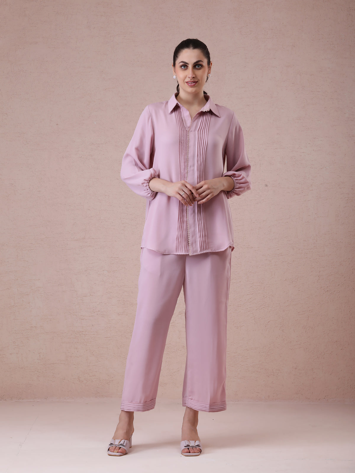 Imported Georgette Blush Pink Coord Set with Pleat Detailing & Straight Pants