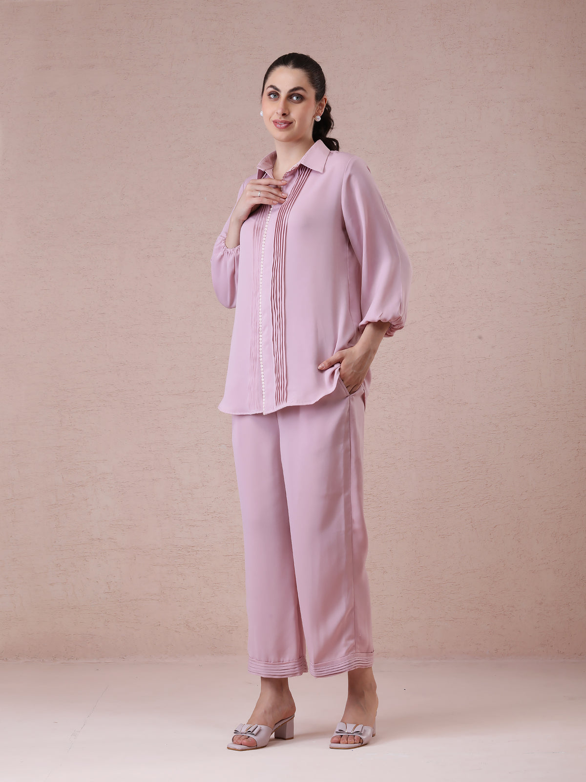 Imported Georgette Blush Pink Coord Set with Pleat Detailing & Straight Pants — product photo