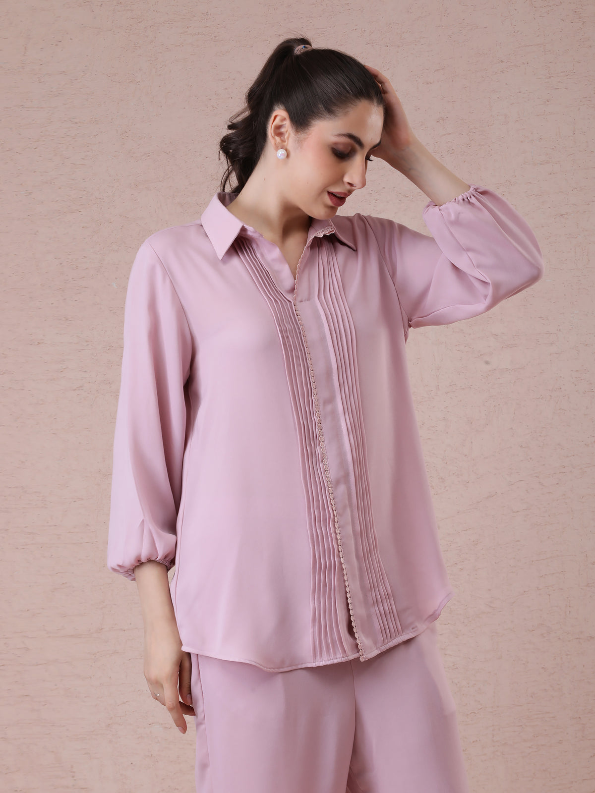 Imported Georgette Blush Pink Coord Set with Pleat Detailing & Straight Pants — product photo