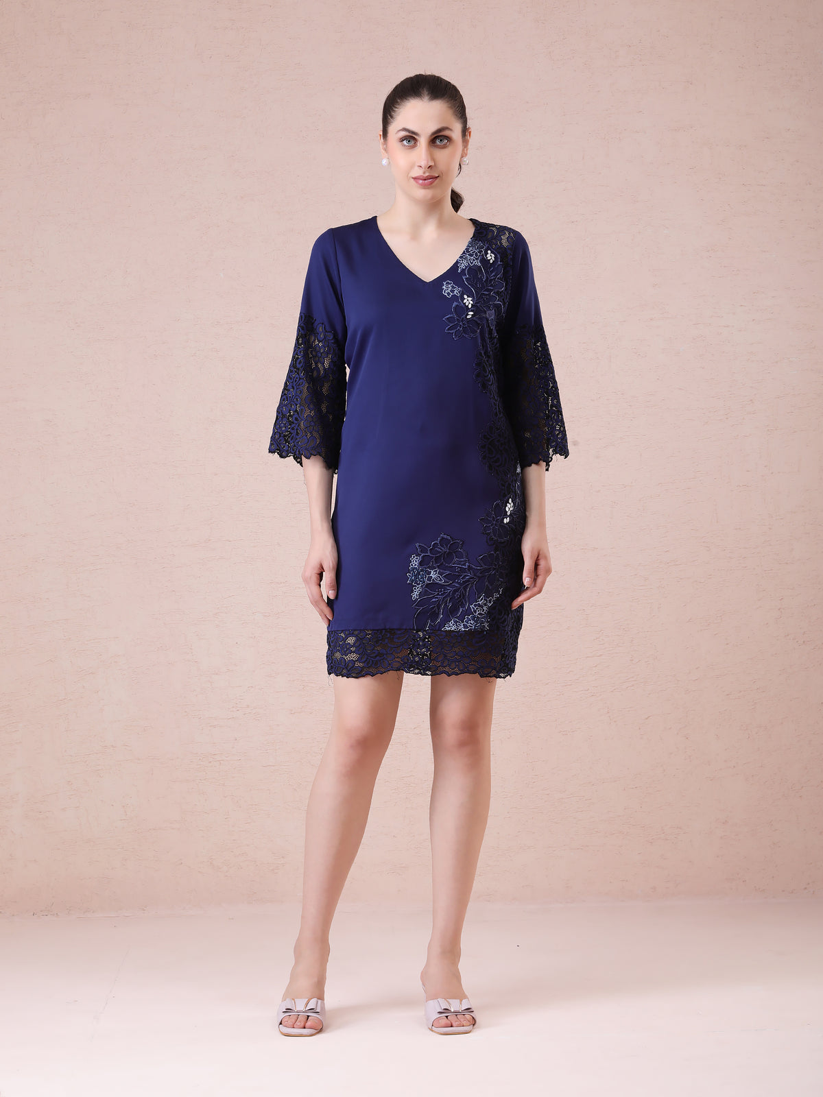Navy Blue Banana Crepe Dress with Lace Detailing, Applique Embroidery & Stone Accents