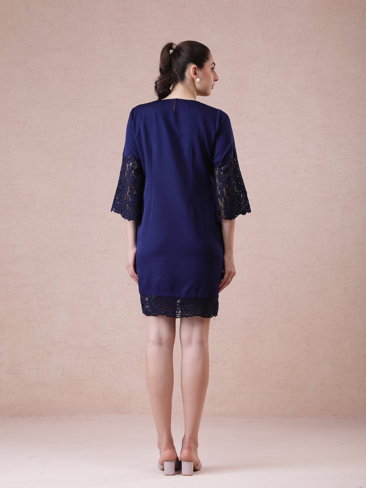 Navy Blue Banana Crepe Dress with Lace Detailing, Applique Embroidery & Stone Accents — product photo