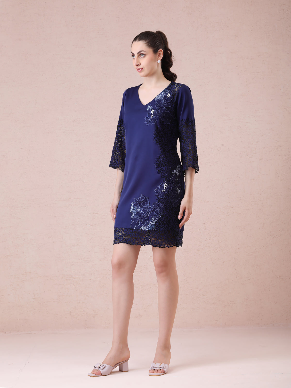 Navy Blue Banana Crepe Dress with Lace Detailing, Applique Embroidery & Stone Accents — product photo