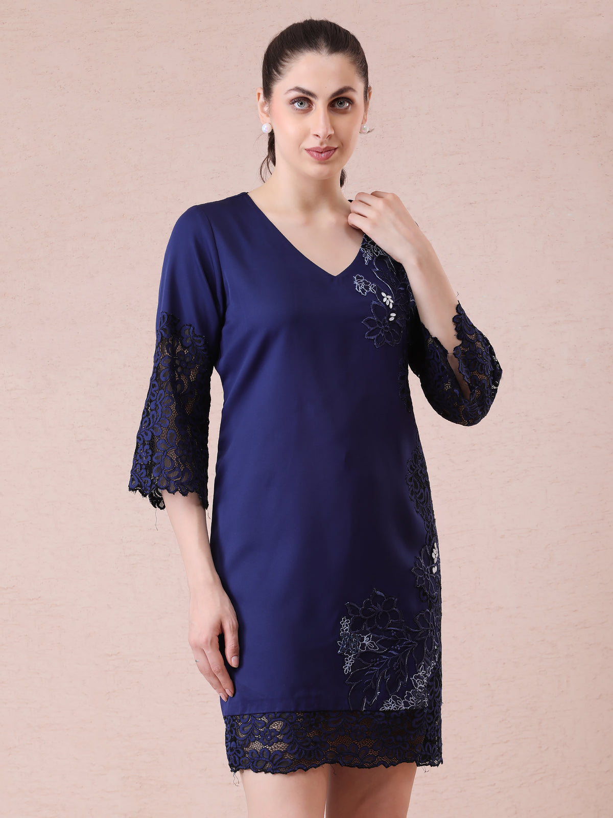 Navy Blue Banana Crepe Dress with Lace Detailing, Applique Embroidery & Stone Accents — product photo