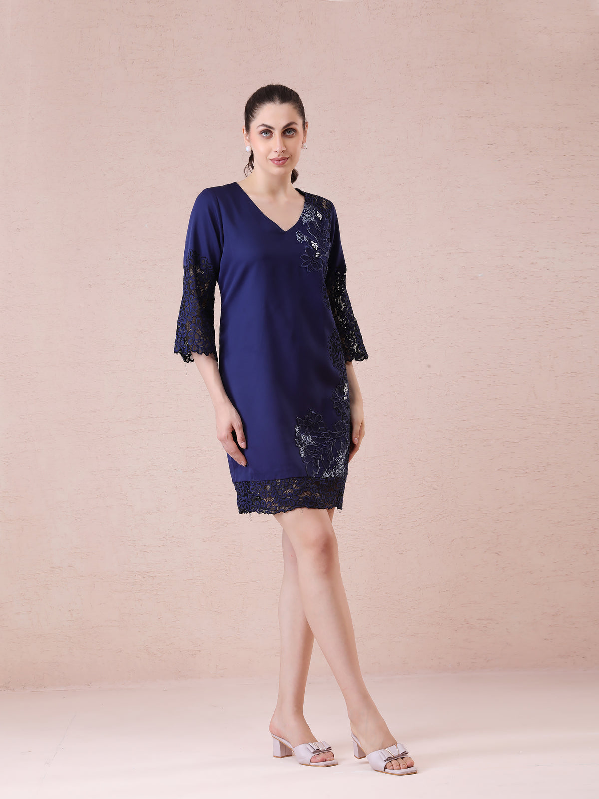 Navy Blue Banana Crepe Dress with Lace Detailing, Applique Embroidery & Stone Accents — product photo