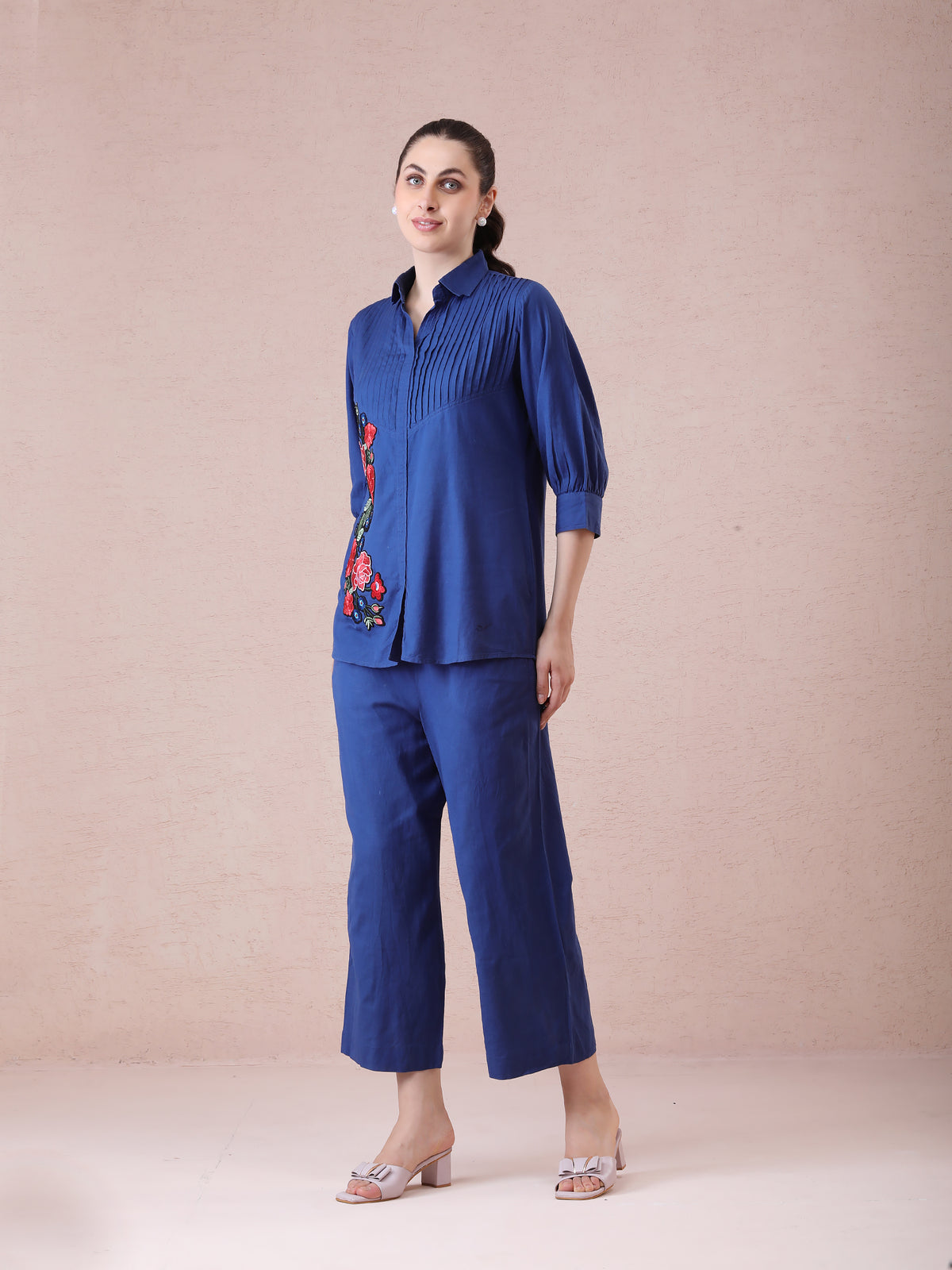 Cotton Linen Navy Blue Coord Set with Multicolored Appliqué Embroidery & Straight Pants