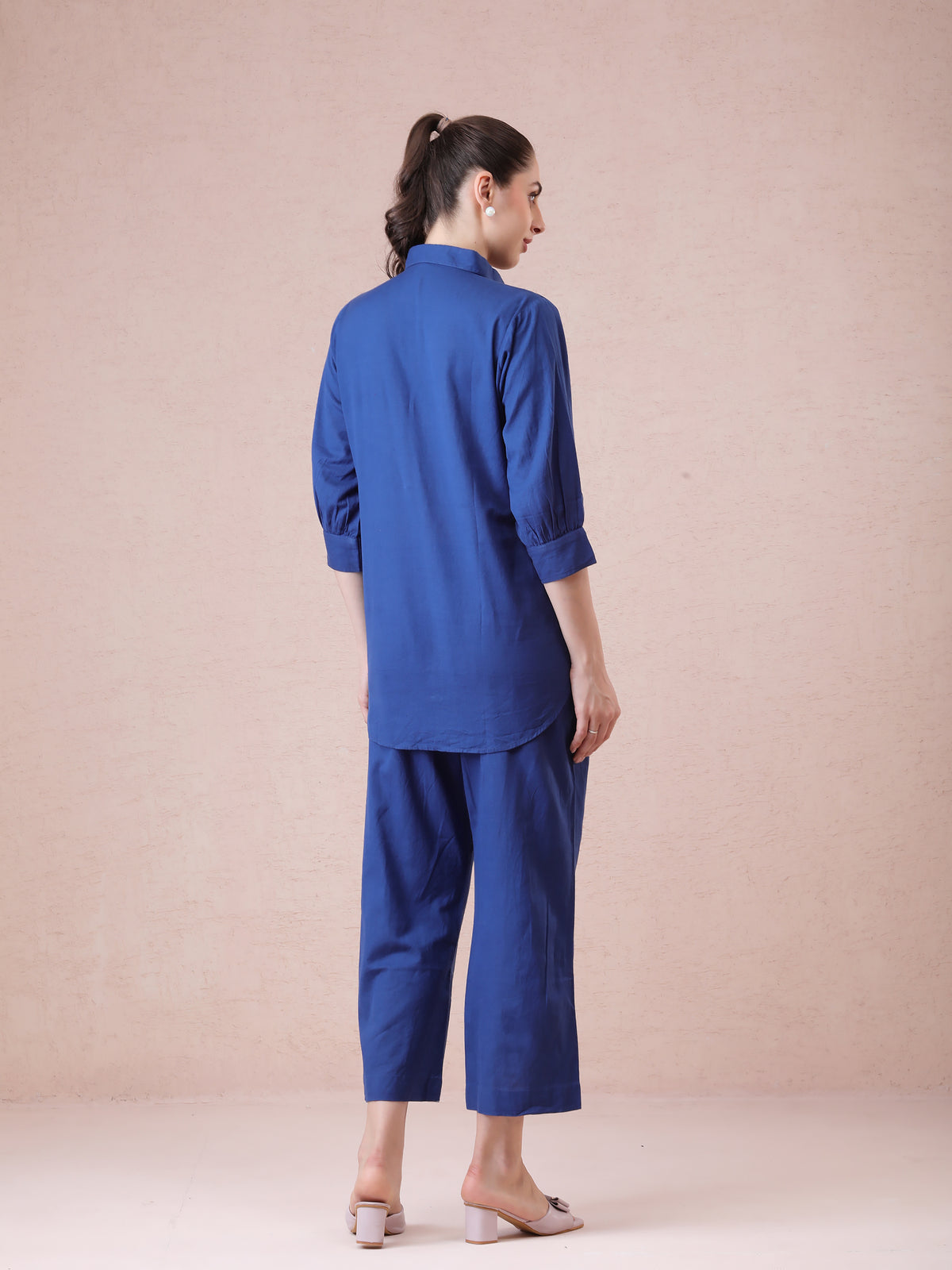 Cotton Linen Navy Blue Coord Set with Multicolored Appliqué Embroidery & Straight Pants — product photo