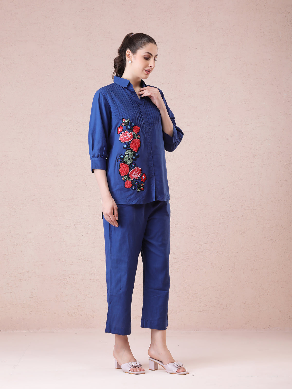 Cotton Linen Navy Blue Coord Set with Multicolored Appliqué Embroidery & Straight Pants — product photo