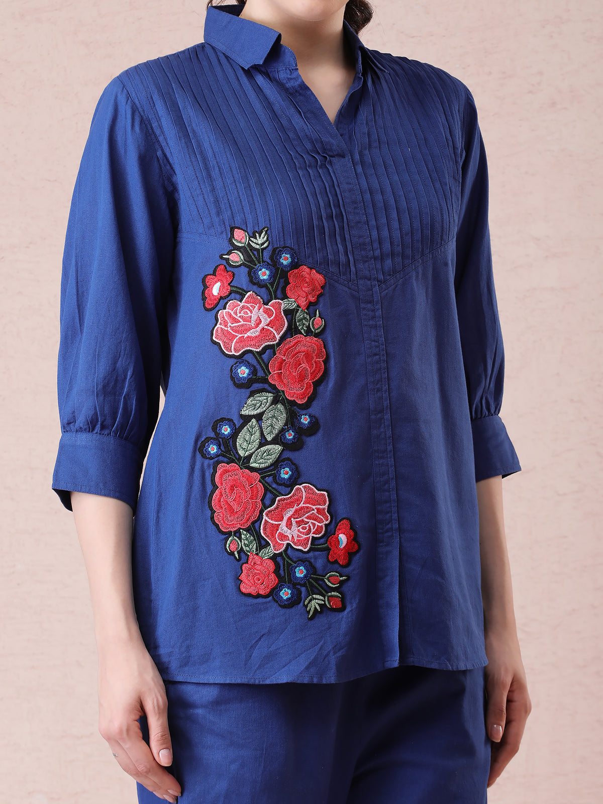 Cotton Linen Navy Blue Coord Set with Multicolored Appliqué Embroidery & Straight Pants — product photo