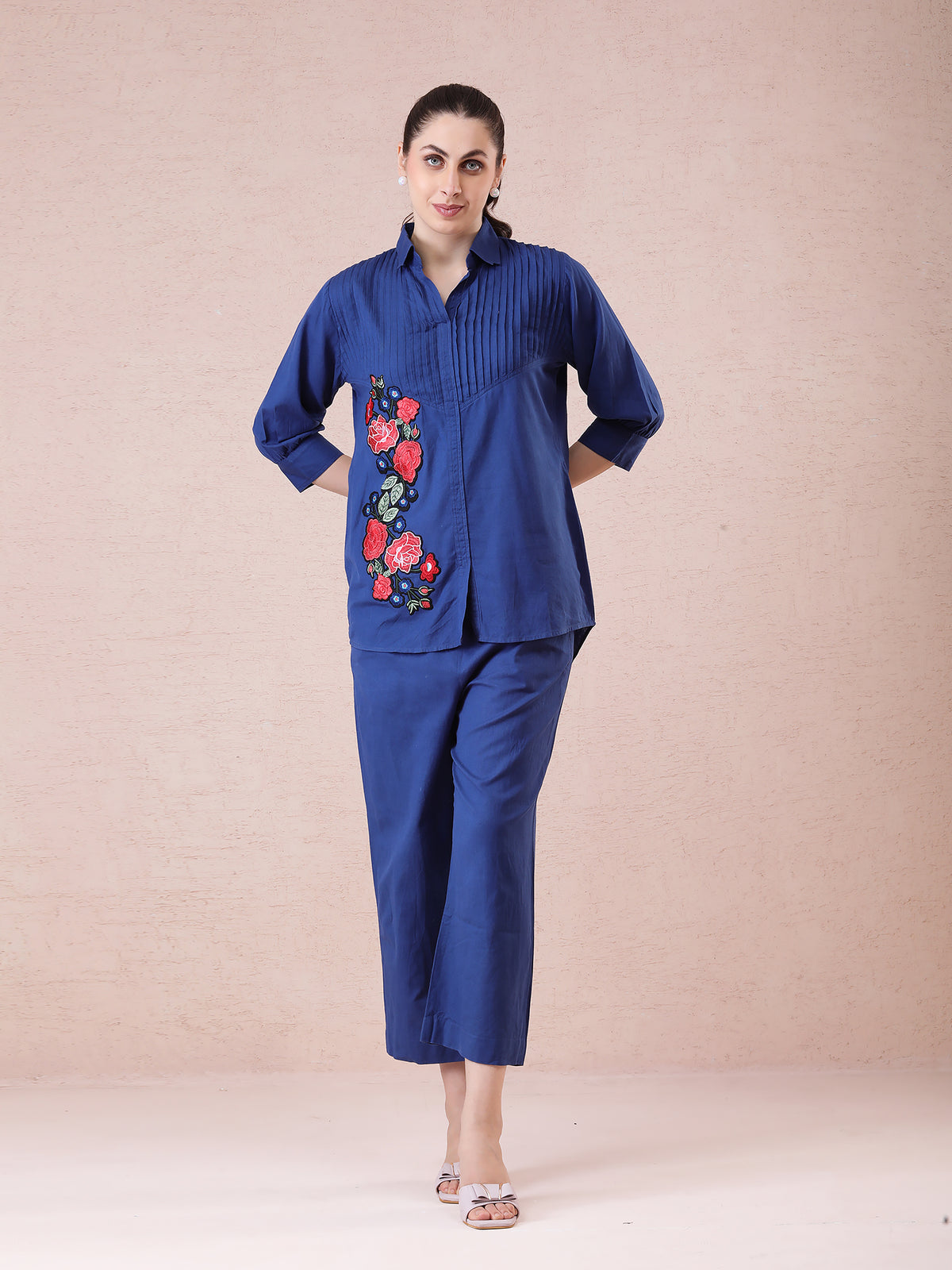 Cotton Linen Navy Blue Coord Set with Multicolored Appliqué Embroidery & Straight Pants — product photo