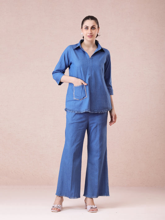 Denim Coord Set with Stud Work on Collar & Pocket and Fringed Detailing
