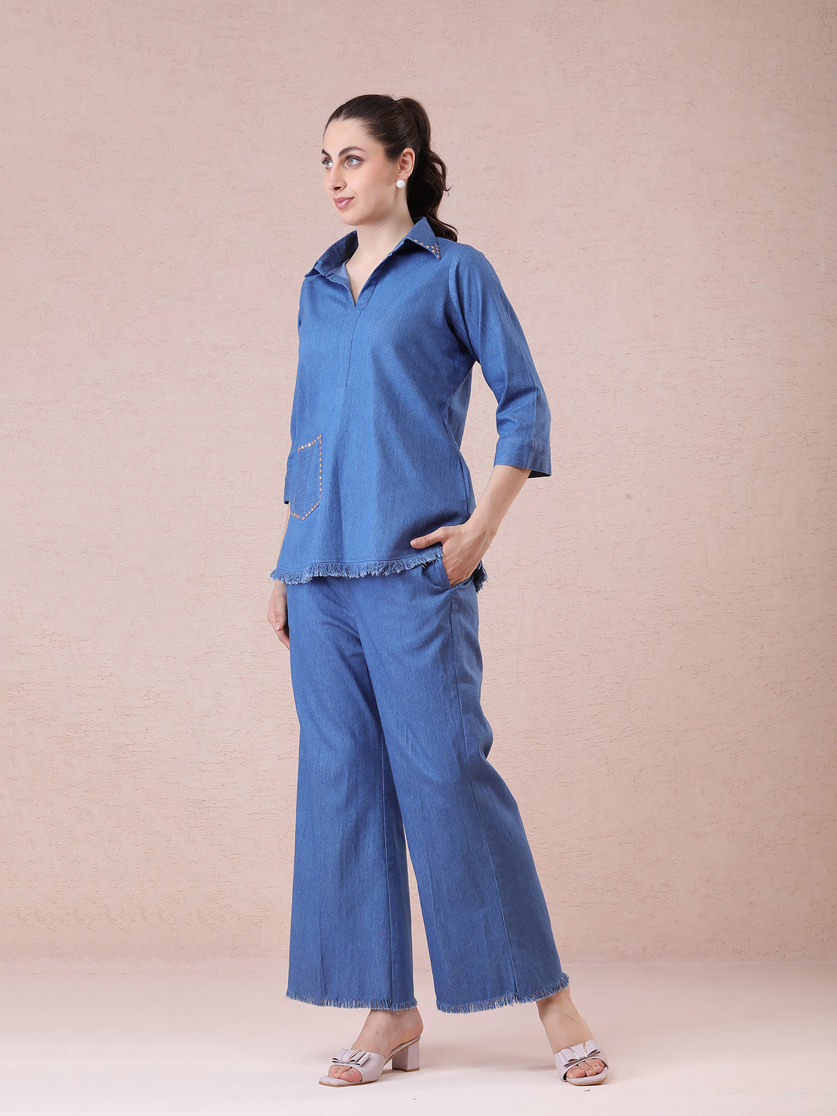 Denim Coord Set with Stud Work on Collar & Pocket and Fringed Detailing — product photo
