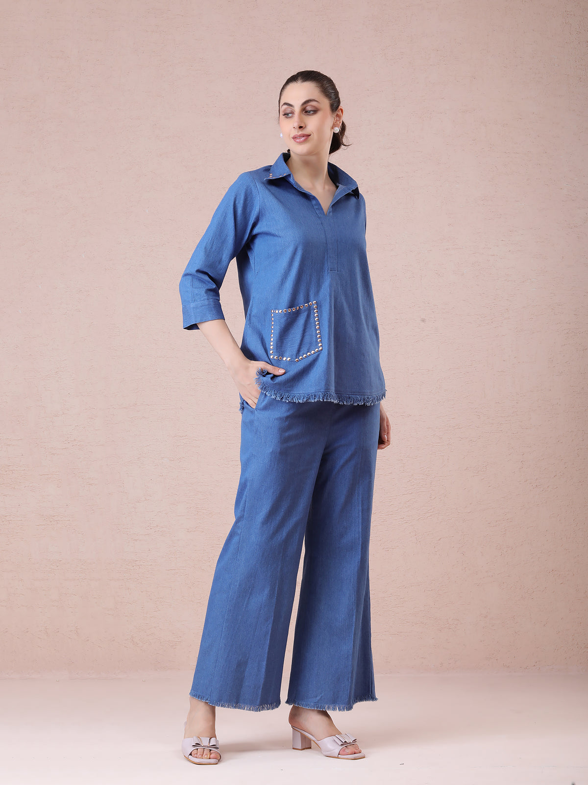 Denim Coord Set with Stud Work on Collar & Pocket and Fringed Detailing — product photo