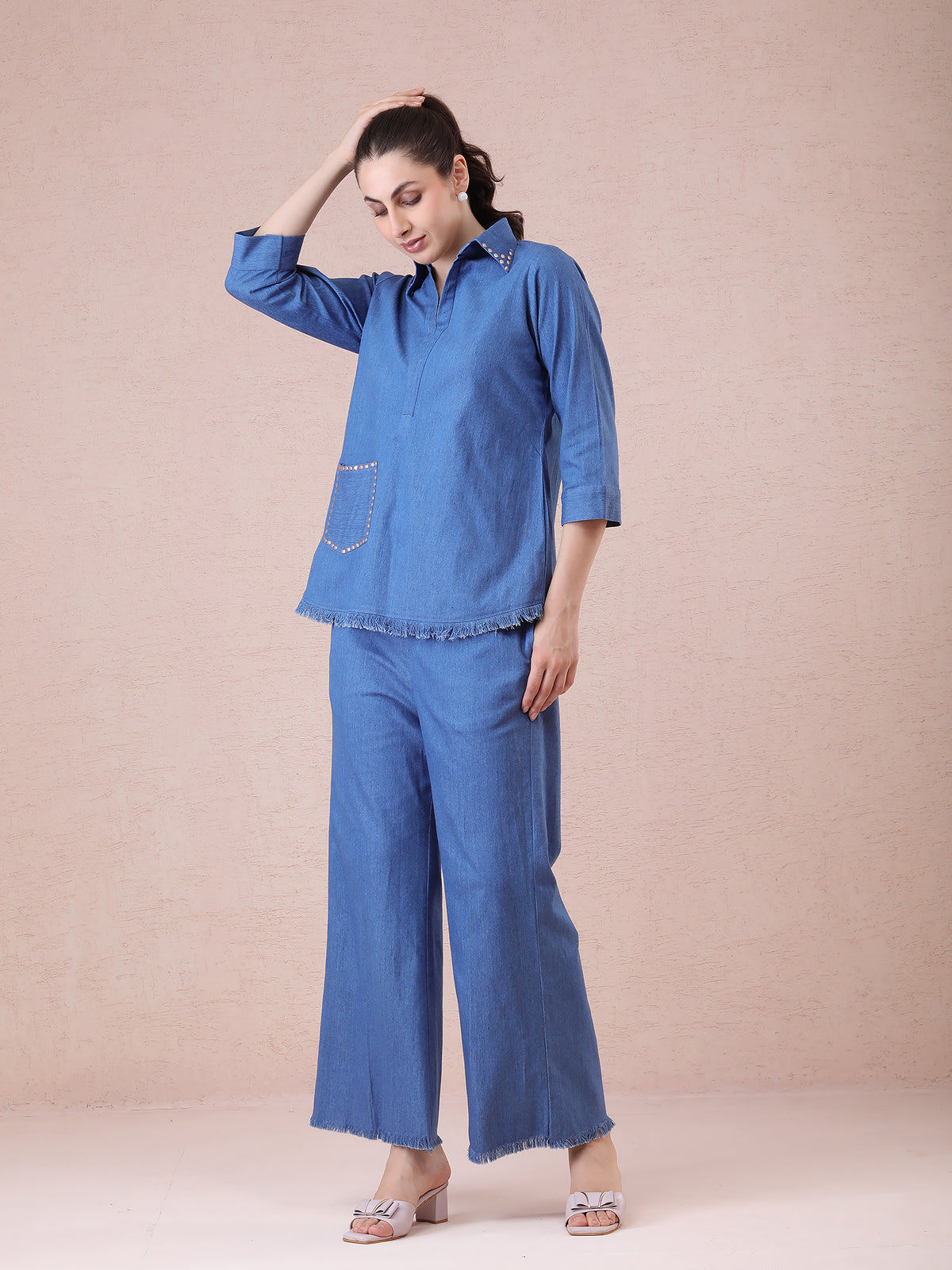 Denim Coord Set with Stud Work on Collar & Pocket and Fringed Detailing — product photo