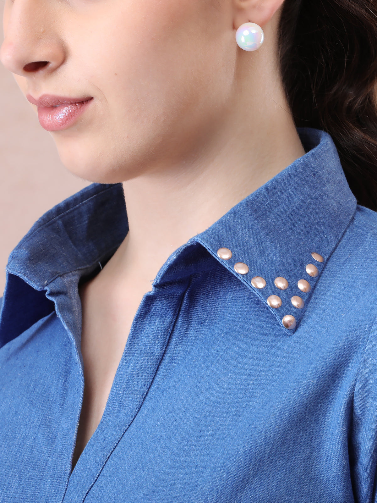 Denim Coord Set with Stud Work on Collar & Pocket and Fringed Detailing — product photo