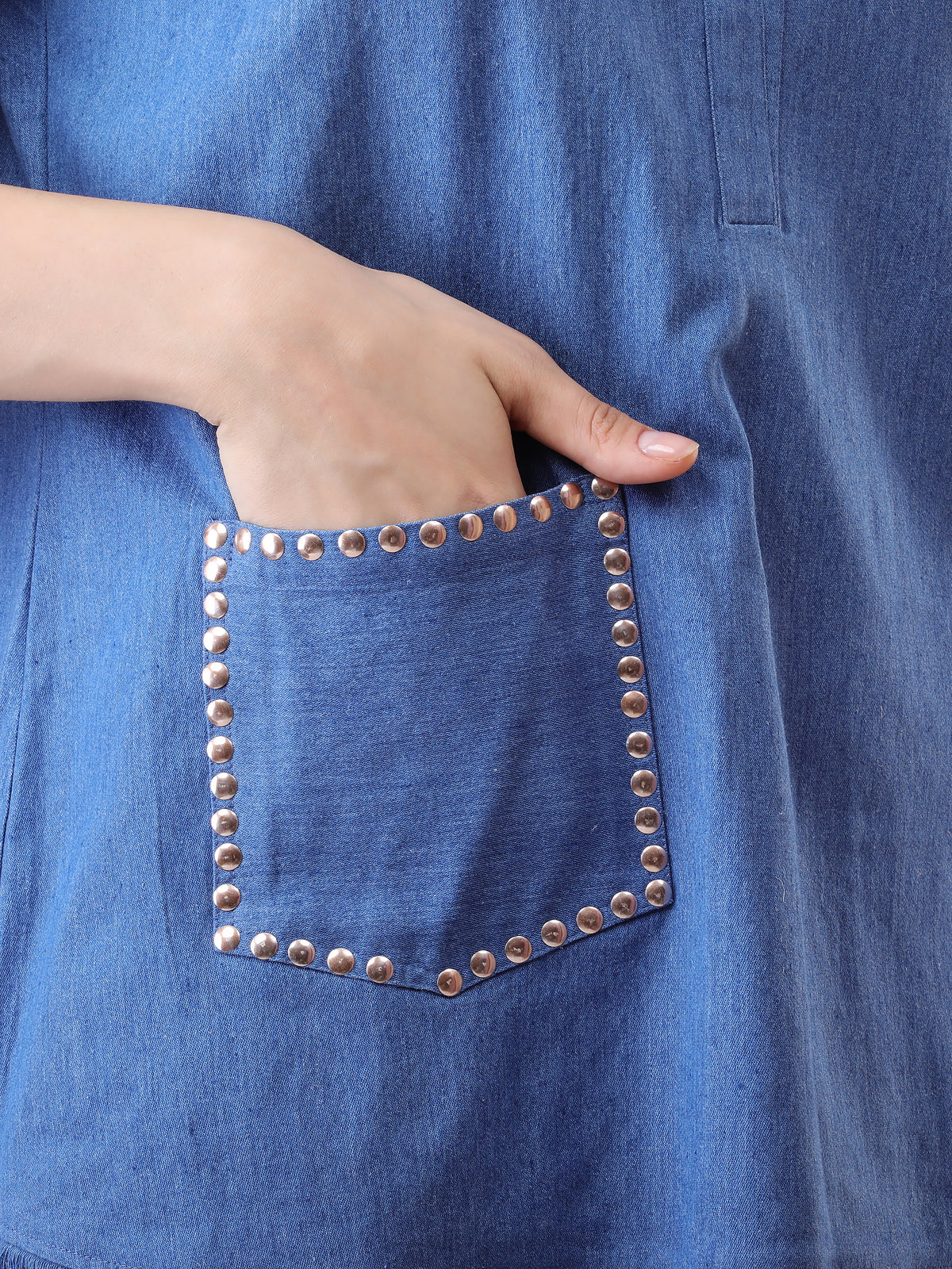 Denim Coord Set with Stud Work on Collar & Pocket and Fringed Detailing — product photo