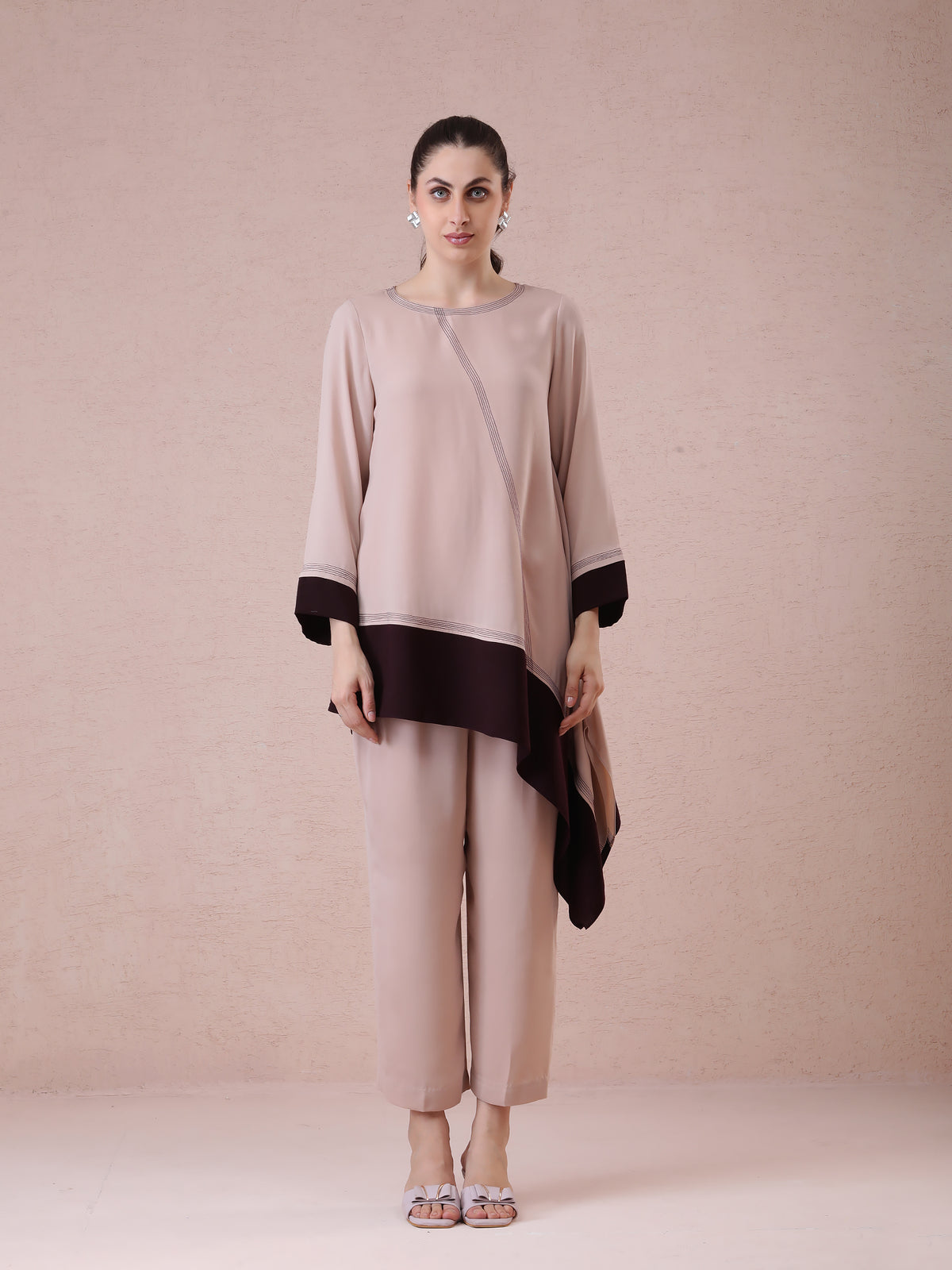 Imported Georgette Beige & Chocolate Brown Asymmetrical Cut Coord Set with Thread Detailing