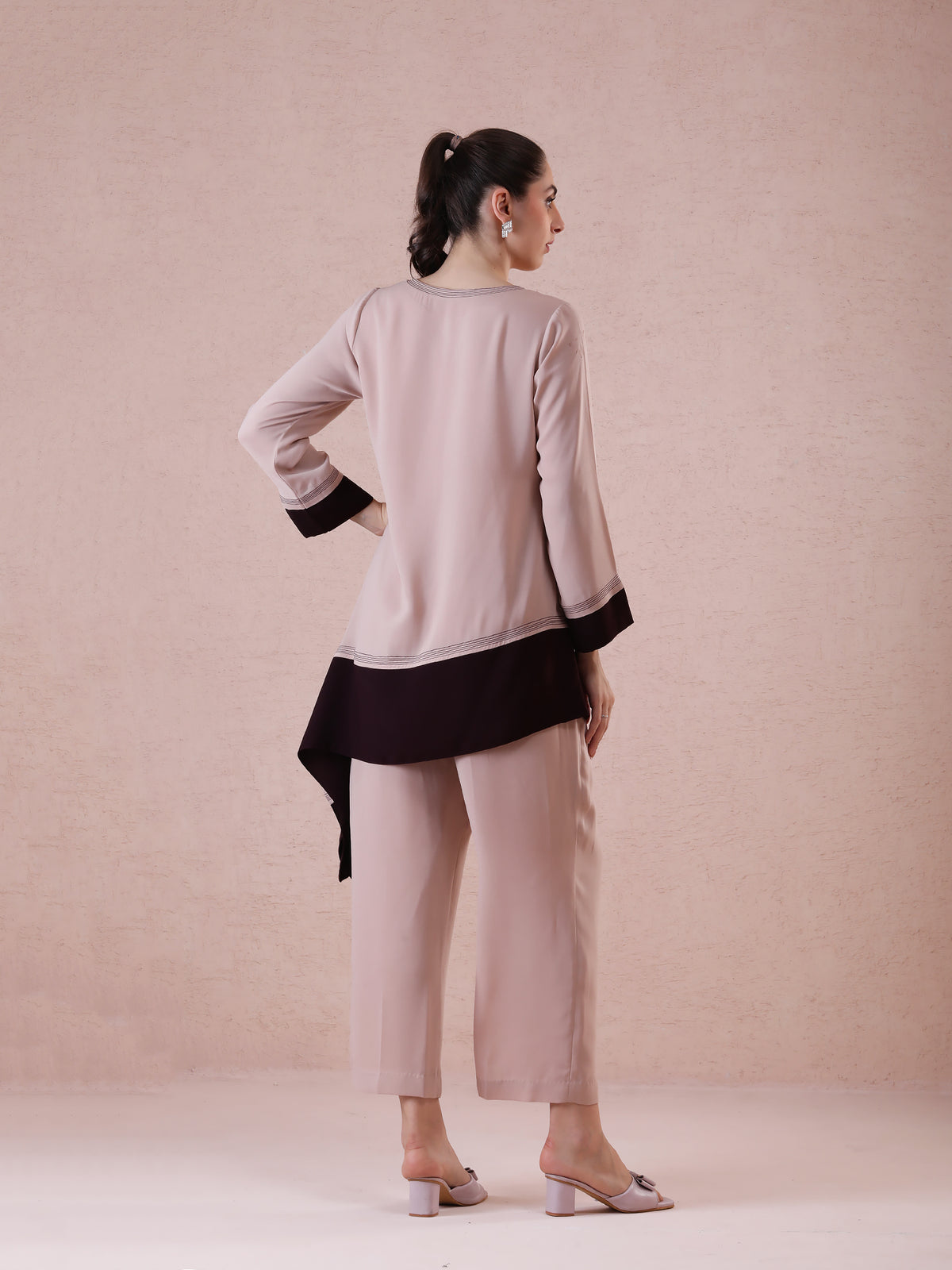 Imported Georgette Beige & Chocolate Brown Asymmetrical Cut Coord Set with Thread Detailing — product photo