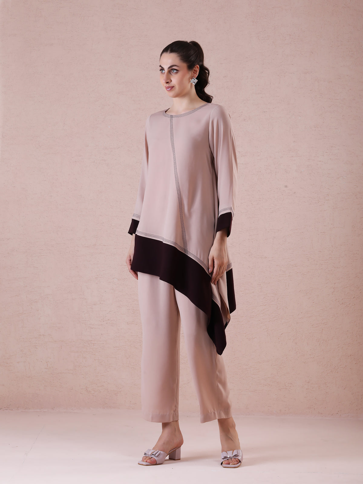 Imported Georgette Beige & Chocolate Brown Asymmetrical Cut Coord Set with Thread Detailing — product photo