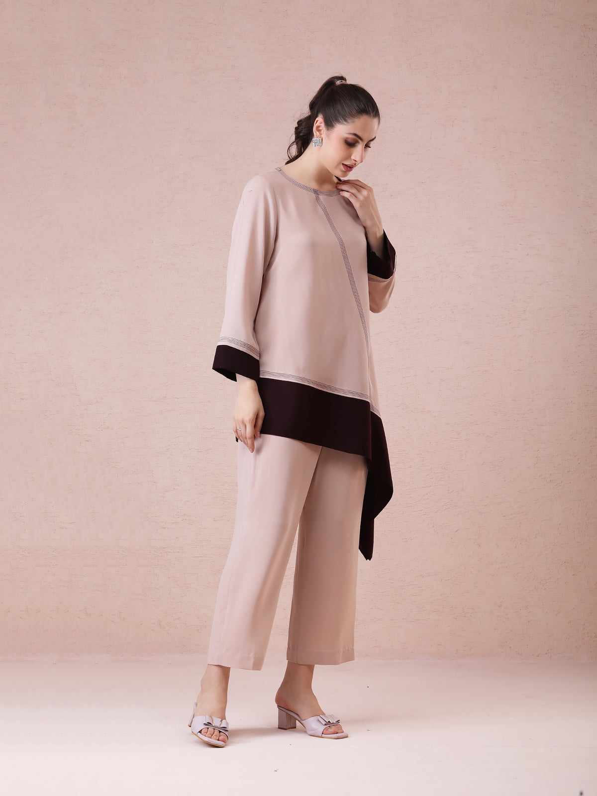 Imported Georgette Beige & Chocolate Brown Asymmetrical Cut Coord Set with Thread Detailing — product photo