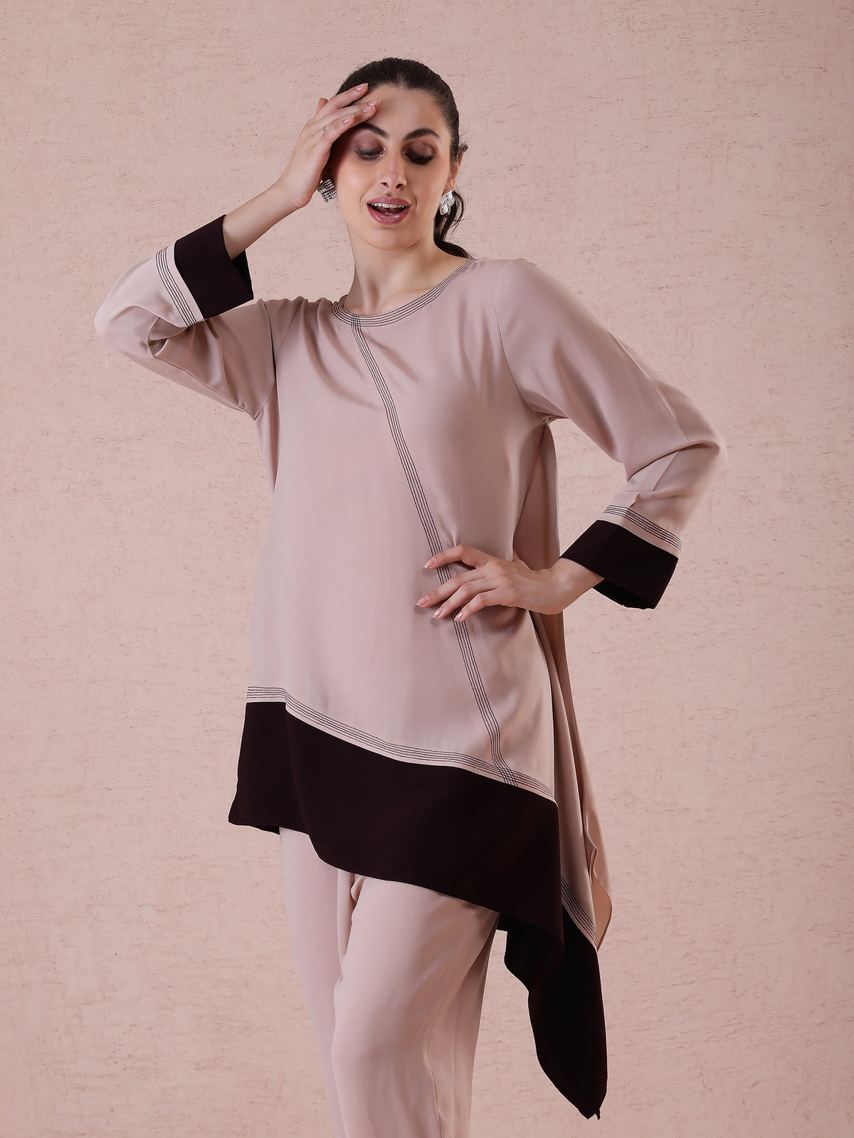 Imported Georgette Beige & Chocolate Brown Asymmetrical Cut Coord Set with Thread Detailing — product photo