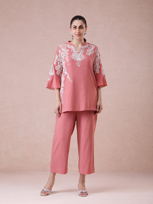 Coral Georgette Coord Set with Dori Work & Embroidered Detailing