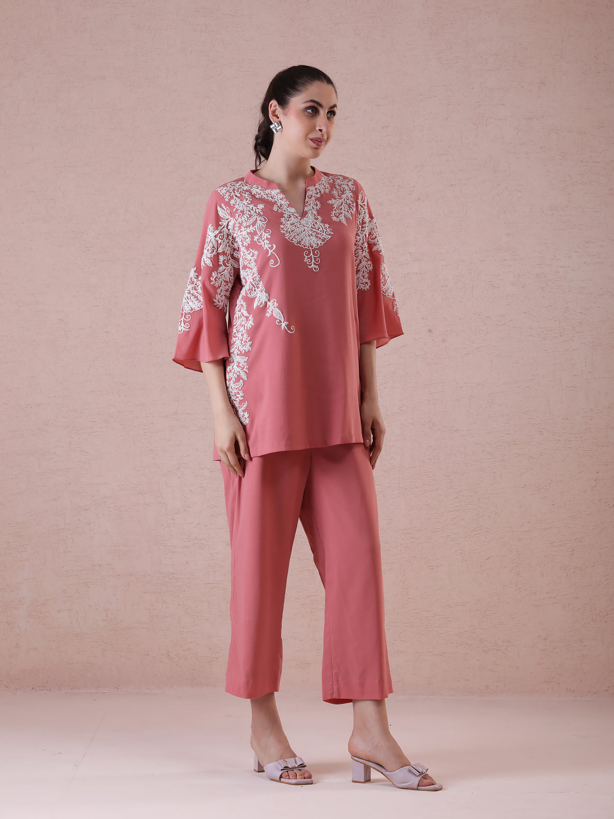 Coral Georgette Coord Set with Dori Work & Embroidered Detailing — product photo