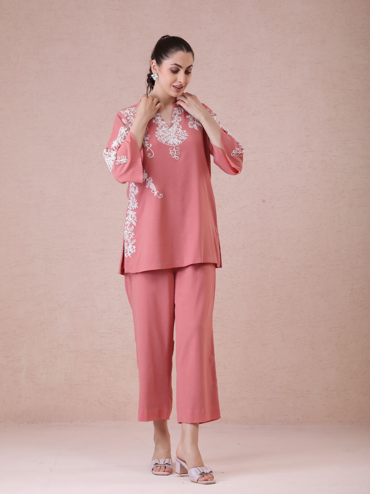 Coral Georgette Coord Set with Dori Work & Embroidered Detailing — product photo