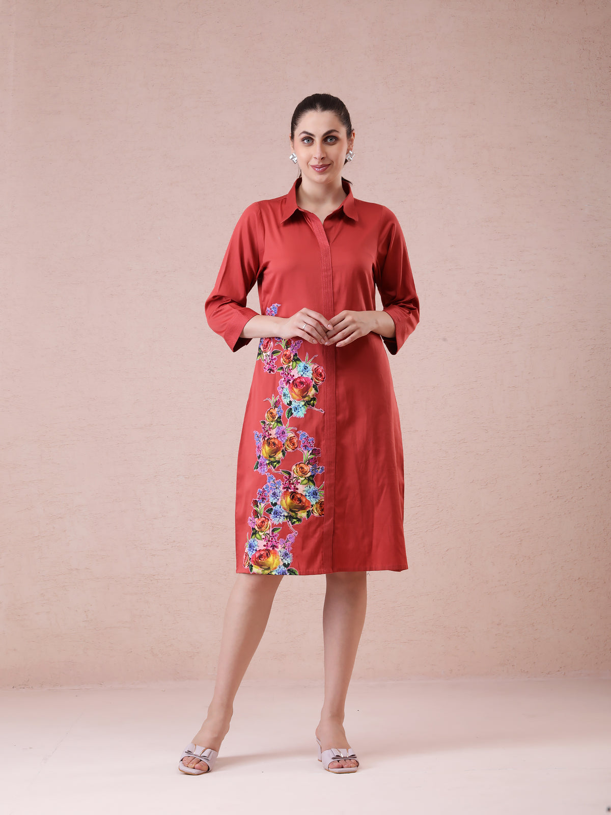 Burnt Orange Modal Satin Shirt Dress with Printed Applique Work