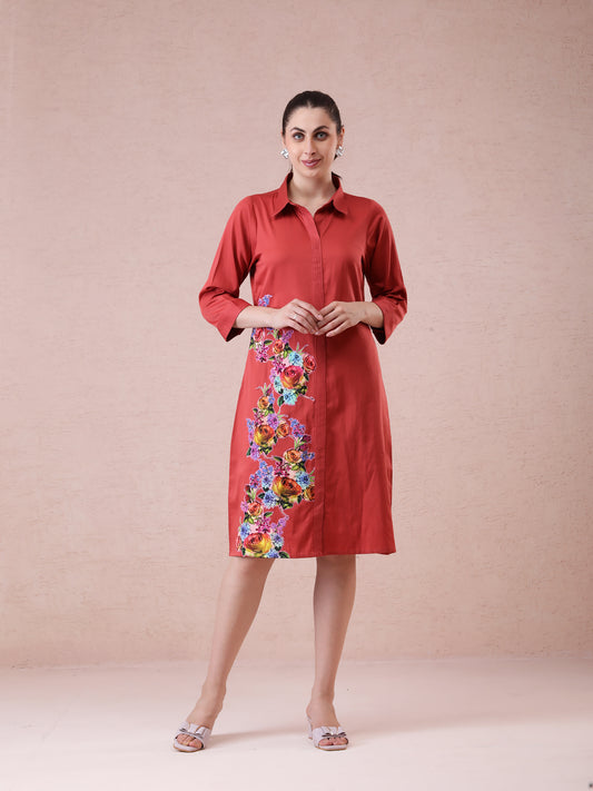 Burnt Orange Modal Satin Shirt Dress with Printed Applique Work