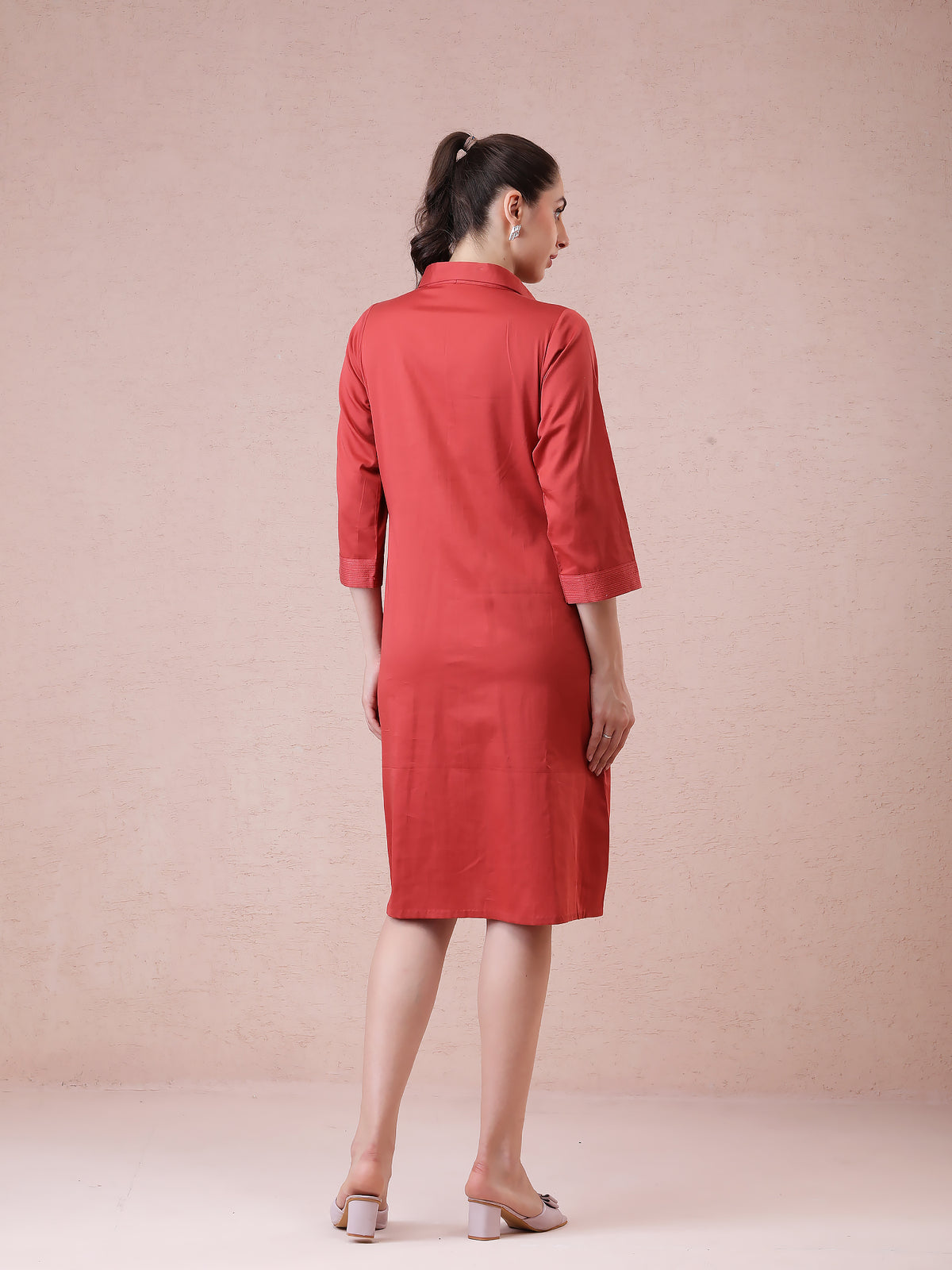 Burnt Orange Modal Satin Shirt Dress with Printed Applique Work — product photo