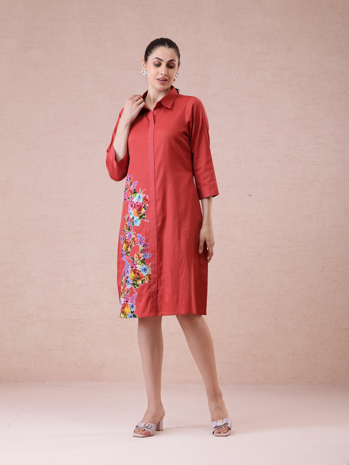 Burnt Orange Modal Satin Shirt Dress with Printed Applique Work — product photo