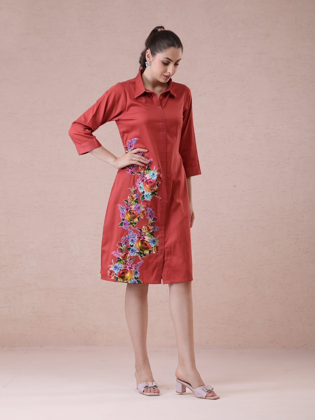 Burnt Orange Modal Satin Shirt Dress with Printed Applique Work — product photo