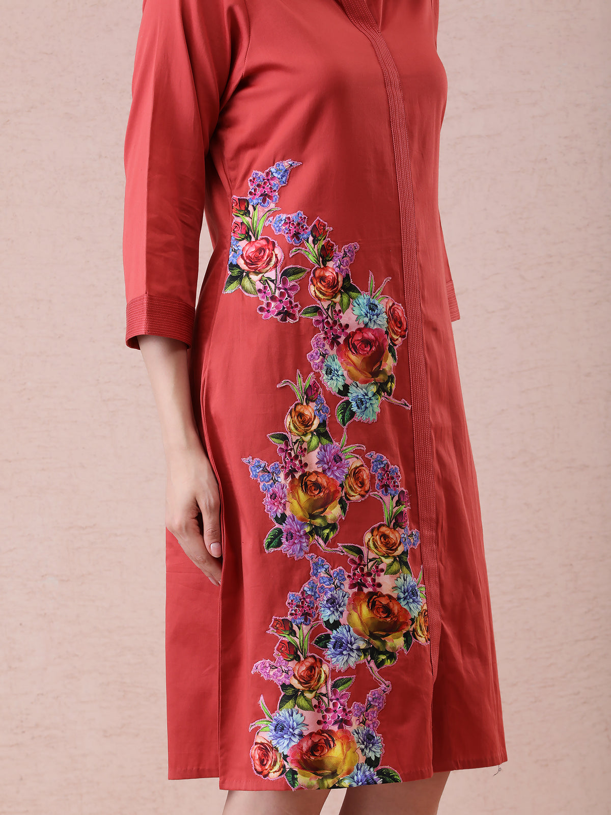 Burnt Orange Modal Satin Shirt Dress with Printed Applique Work — product photo